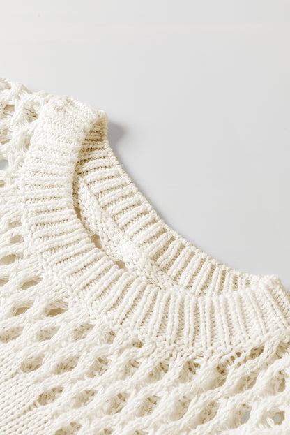 Weißer, einfarbiger Pointelle-Strickpullover mit Puffärmeln
