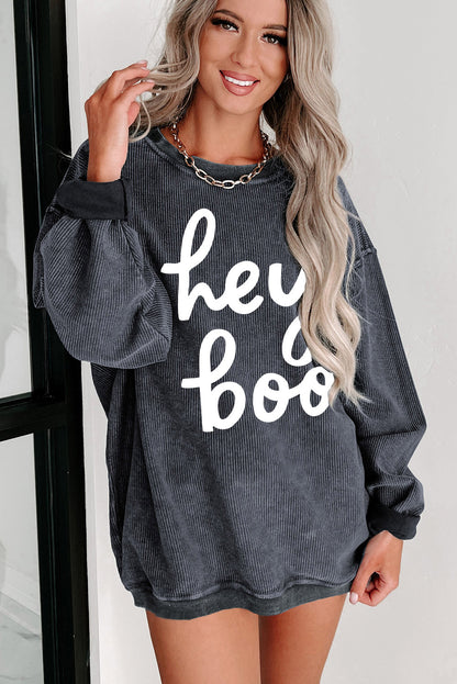 Graues Halloween-Sweatshirt mit „Hey Boo“-Grafik und Kordel