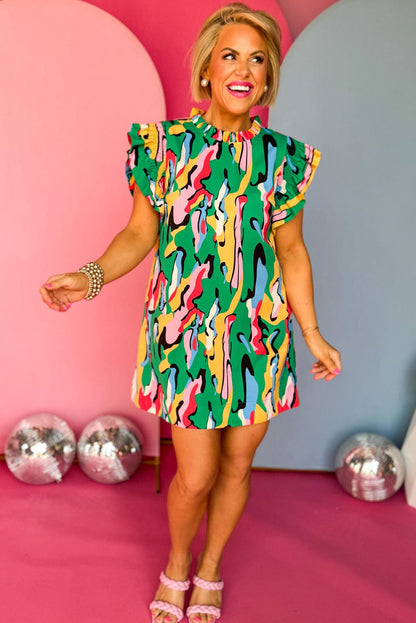 Grünes Minikleid mit abstraktem Print, Rüschenkragen und Rüschenärmeln
