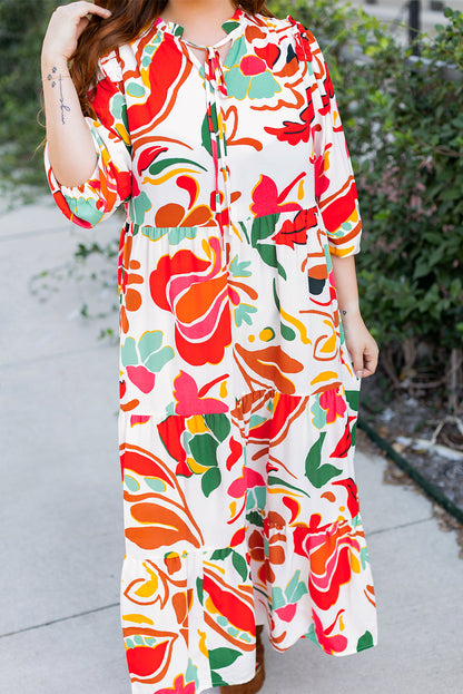 Oranges Kleid mit Blumenmuster und Kordelzug und V-Ausschnitt in Übergröße