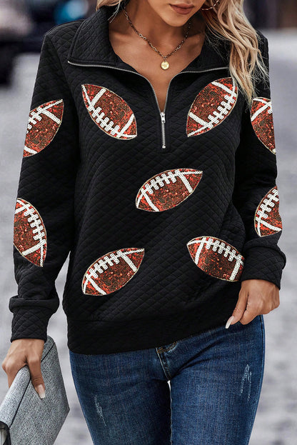 Schwarzes, strukturiertes Rugby-Football-Sweatshirt mit Viertelreißverschluss und Pailletten