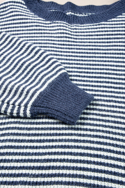 Segelblau gestreifter Pullover mit Laternenärmeln und überschnittener Schulter
