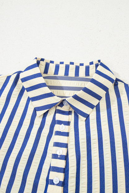 Blue Stripe Collared Half Button Side Pockets Loose Fit Mini Dress