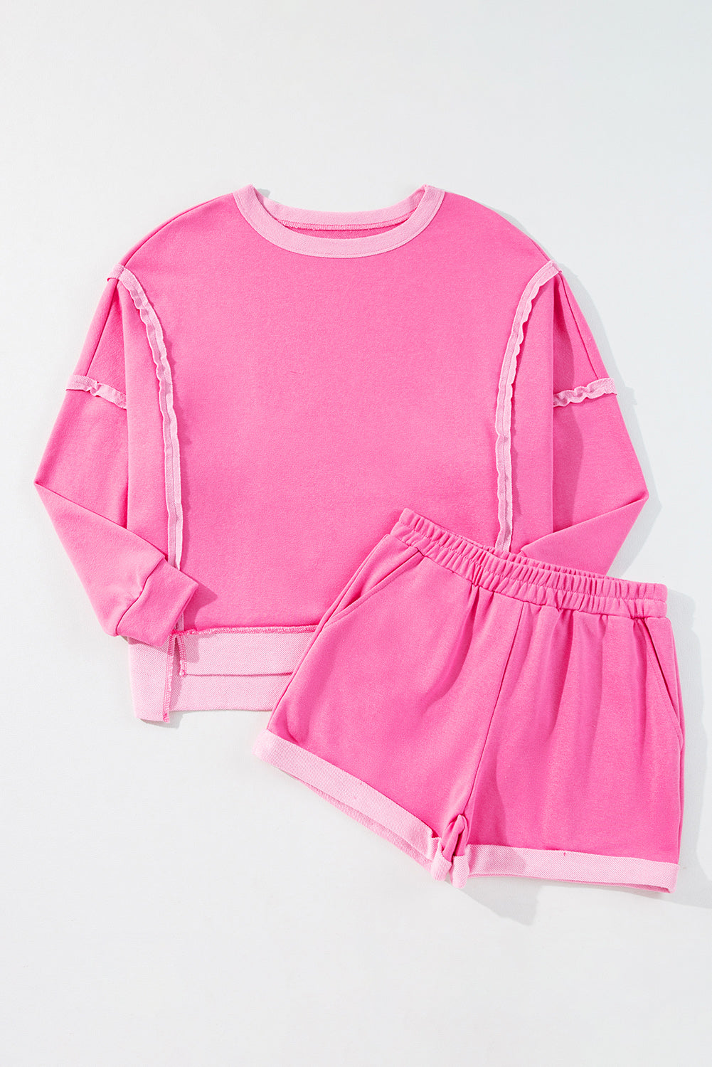 Sachet Pink High Low Patchwork Langarm-Top und Shorts Set