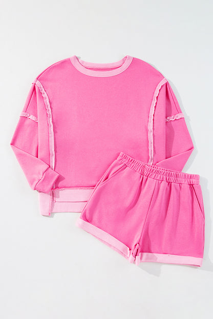 Sachet Pink High Low Patchwork Langarm-Top und Shorts Set