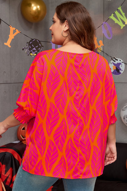 Bluse mit gesmokten Laternenärmeln und Rosenblatt-Print in Übergröße