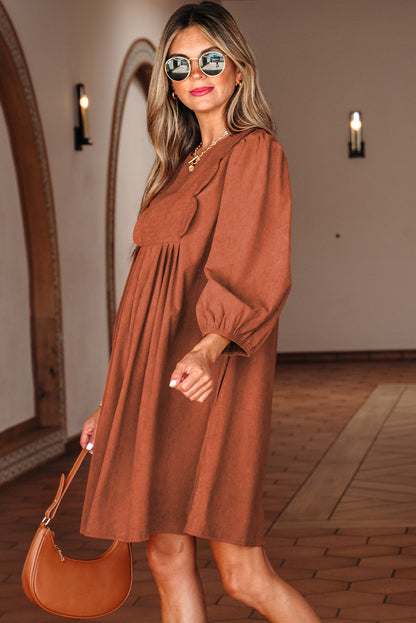Cinnamon Bracelet Sleeve Split Neck Scallop Detail Pleated Corduroy Mini Dress