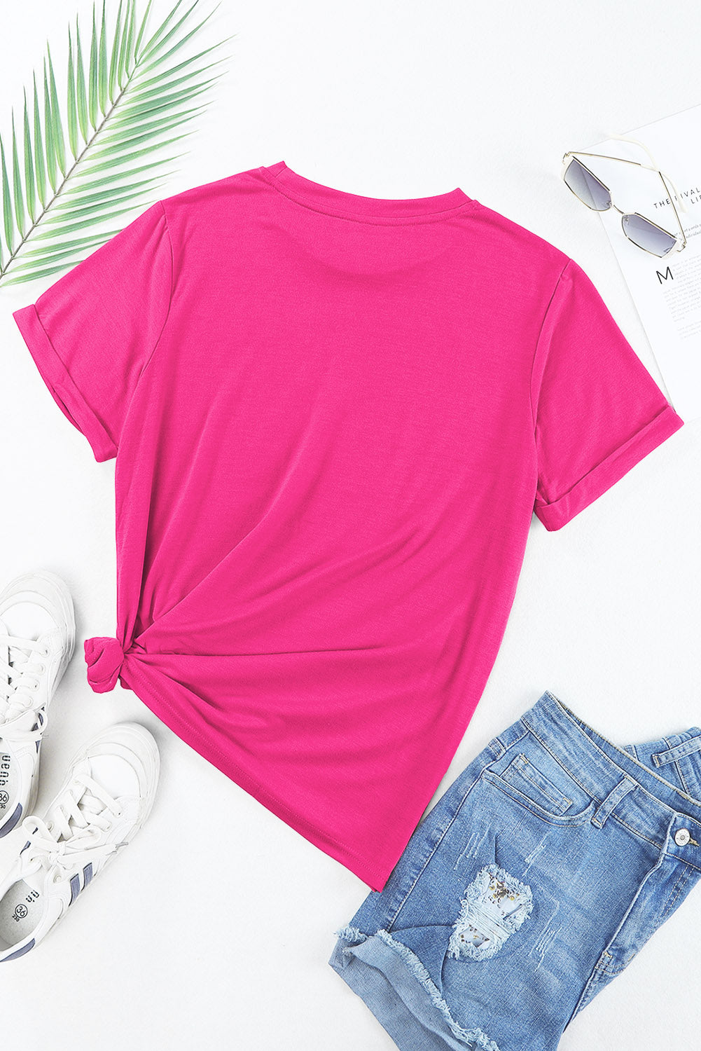 Lässiges, schlichtes T-Shirt mit Rundhalsausschnitt in Rosarot