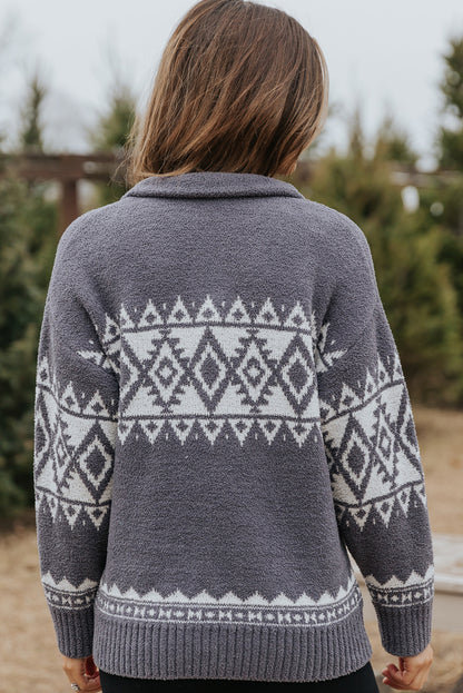Grauer Pullover mit Viertelreißverschluss und geometrischem Western-Print