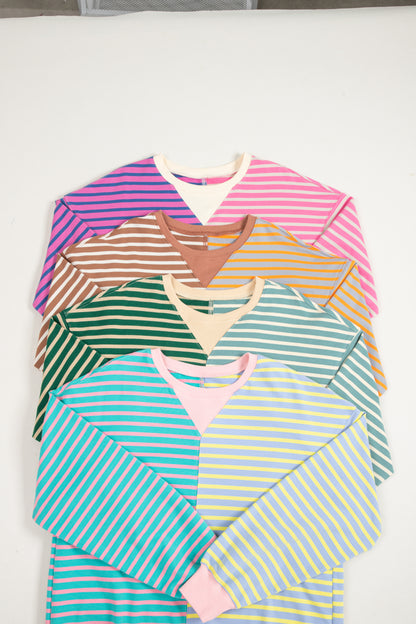 Rosa gestreiftes, lässiges, gestreiftes Colorblock-Sweatshirt mit überschnittener Schulter