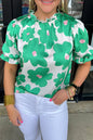 Grüne Bluse mit Blumenmuster, Puffärmeln und Rüschenausschnitt