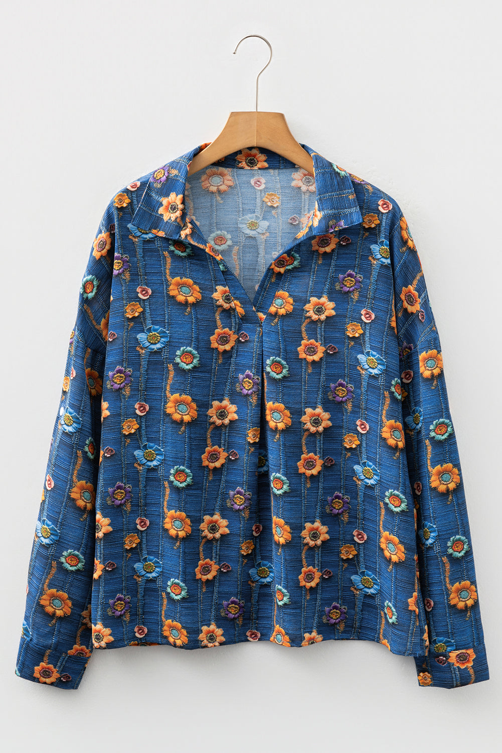 Blue Floral Collared V Neck Roll up Sleeve Shift Blouse