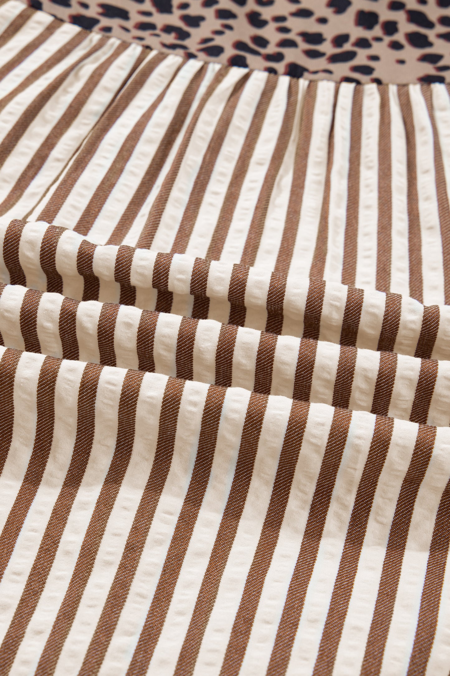 Brown Stripe Leopard Trim V Neck Button Down Half Sleeve Shirt