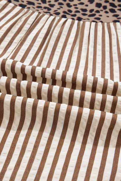 Brown Stripe Leopard Trim V Neck Button Down Half Sleeve Shirt