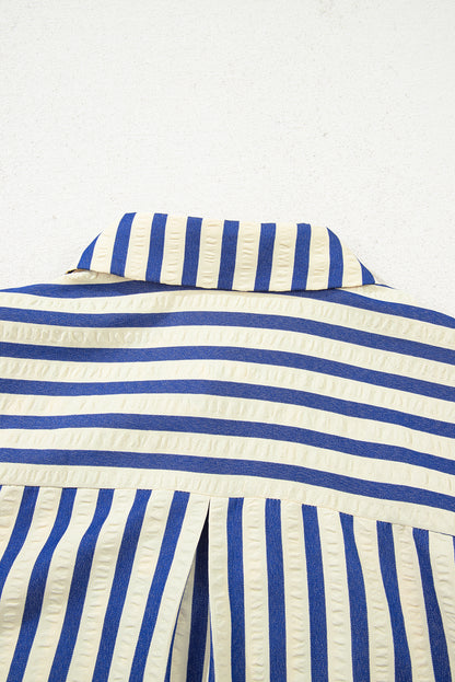 Blue Stripe Collared Half Button Side Pockets Loose Fit Mini Dress