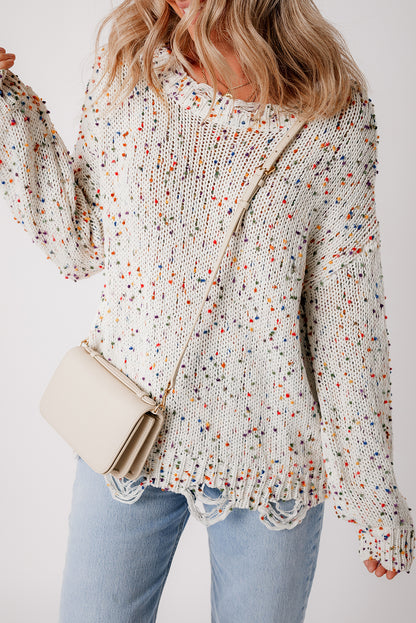 White Colorful Popcorn Knit Distressed Tunic Sweater