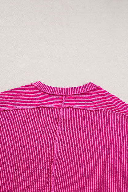 Rosarotes strukturiertes Colorblock-T-Shirt mit Rundhalsausschnitt