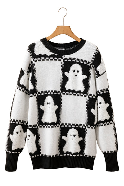 Black Halloween Ghost Checkered Drop Shoulder Sweater