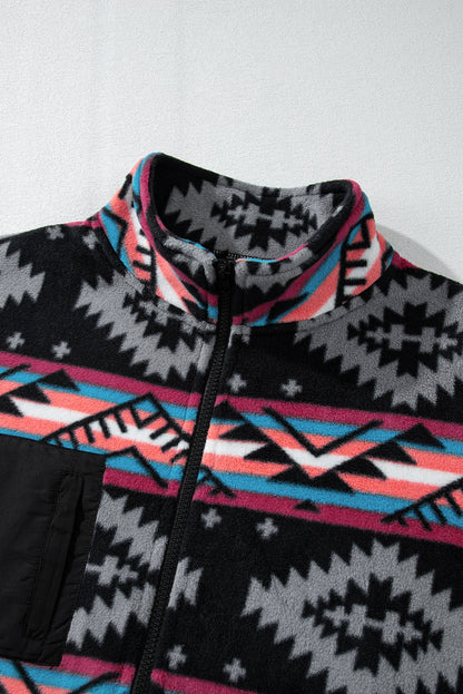 Schwarze Jacke mit Reißverschlusskragen und Aztekenmuster