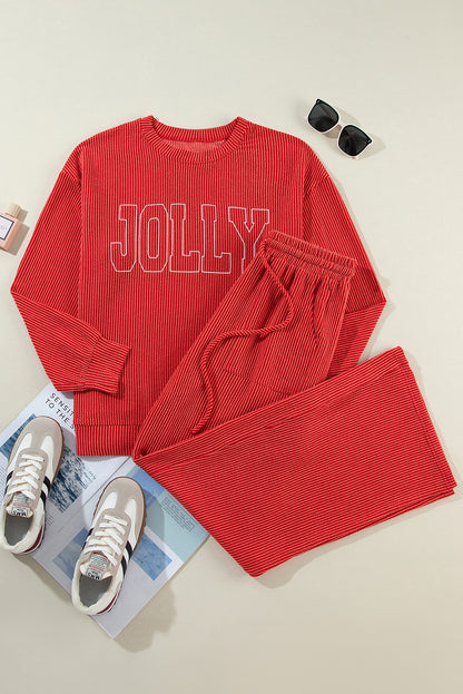 Feuerrotes JOLLY Set aus langärmligem Oberteil mit Kordelzug und Hosen mit Taschen