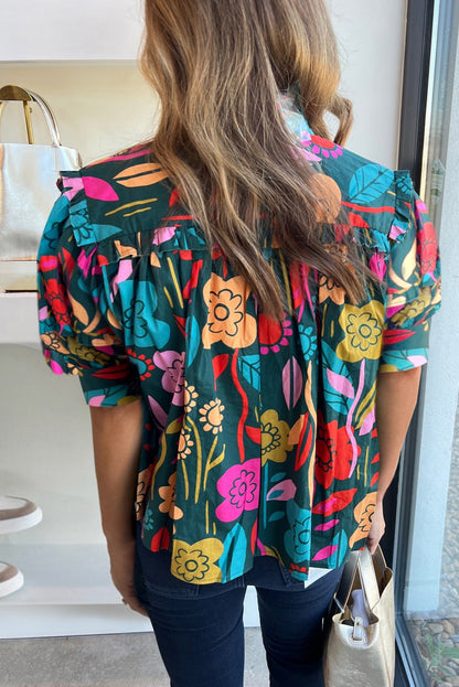 Grüne Bluse mit Blumenmuster, Puffärmeln und V-Ausschnitt