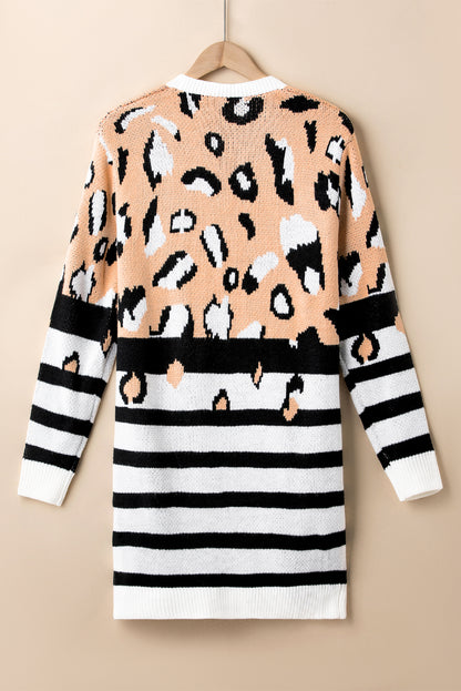 Brown Leopard Striped Mixed Print Open Front Cardigan