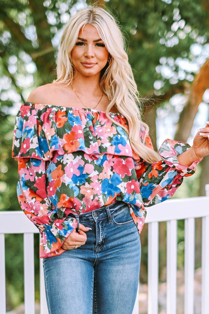 Schulterfreie Bluse mit Blumenmuster und Rüschen