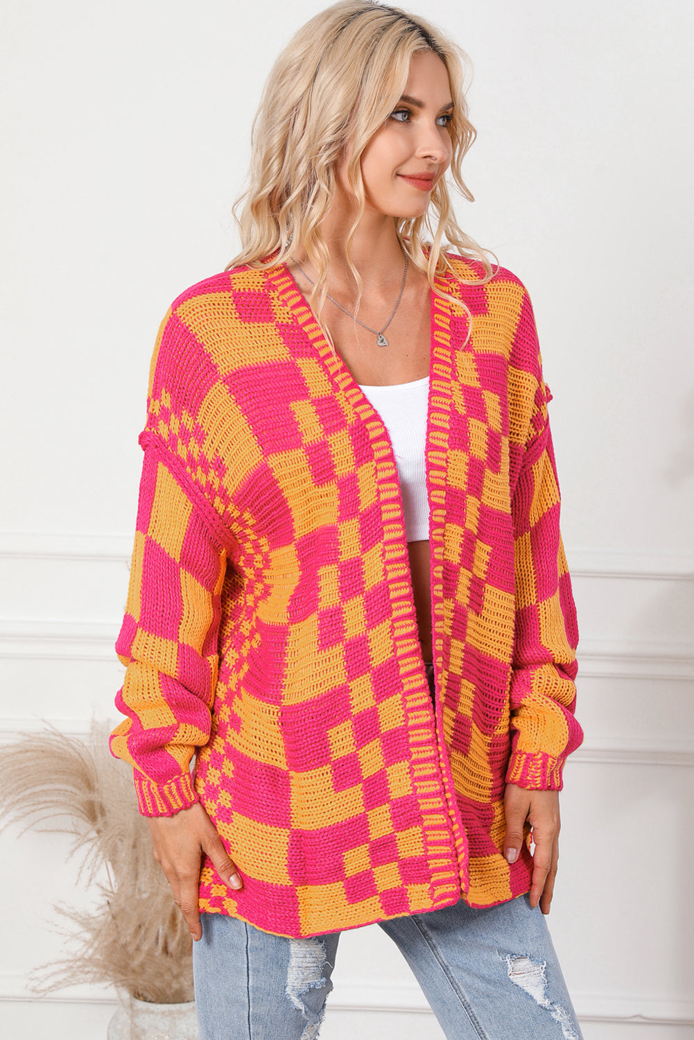 Mehrfarbige Strickjacke mit offenem Vorderteil und gemischtem Karomuster