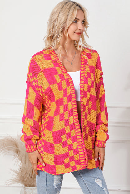 Mehrfarbige Strickjacke mit offenem Vorderteil und gemischtem Karomuster