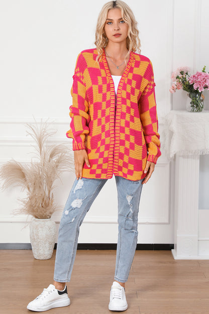 Mehrfarbige Strickjacke mit offenem Vorderteil und gemischtem Karomuster