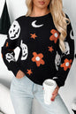 Black Halloween Mythical Night Pattern Drop Shoulder Sweater