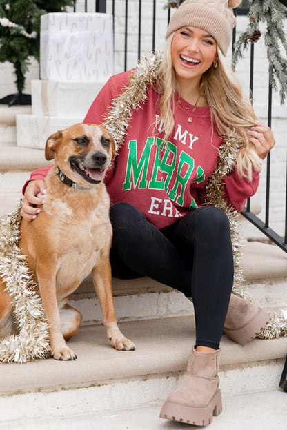 Erdbeerrosa „IN MY MERRY ERA“ Locker geschnittenes Cord-Sweatshirt