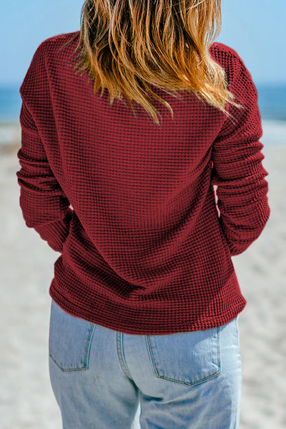 Fiery Red Waffle Knit Drop Shoulder Long Sleeve Top