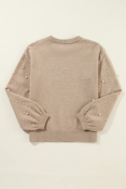Rauchgrauer Pullover mit Perlenbesatz und überschnittener Schulterpartie und Rundhalsausschnitt