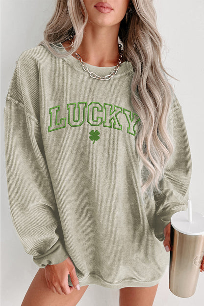 Grünes Sweatshirt mit Rundhalsausschnitt und Stickerei „LUCKY Clover“
