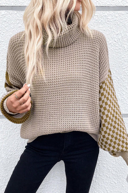Rauchgrau gestreifter karierter Patchwork-Rollkragenpullover mit Waffelstrick