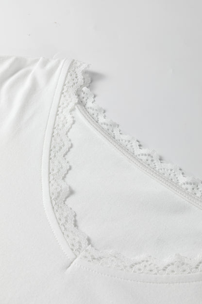 White Lace Trim V Neck Cuffed Long Sleeve Loose Top