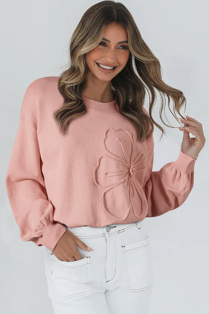 Peach Blossom Big Flower Accent Bubble Sleeve Drop Shoulder Sweater