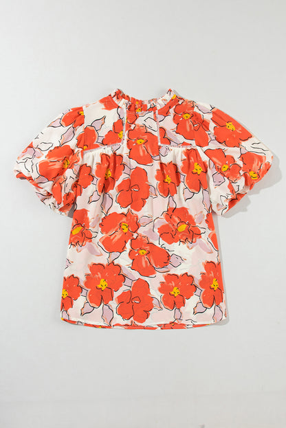 Orangefarbene Bluse mit Blumenmuster, Puffärmeln und Rüschenkragen