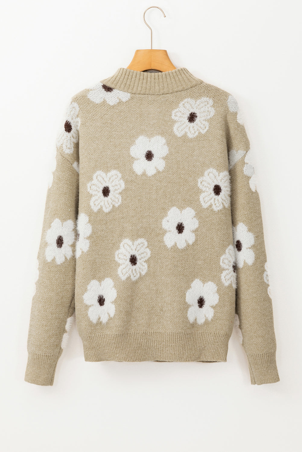 Khakifarbener Pullover mit Blumenmuster und halblangem Reißverschluss und überschnittener Schulter