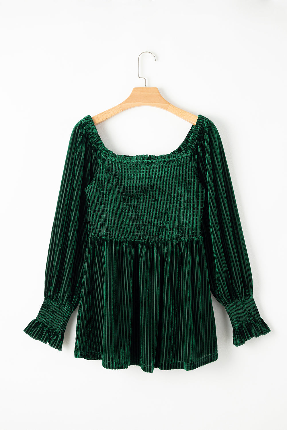 Schwarzgrünes gesmoktes Babydoll-Oberteil aus geripptem Samt