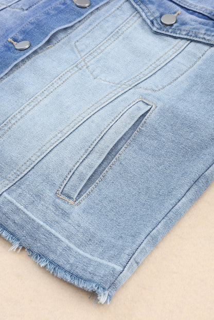 Sky Blue Color Block Denim Patchwork Frayed Hem Jacket