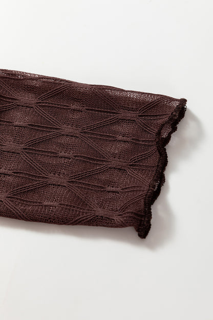 Kaffeebraunes, schmales Langarm-Top mit transparentem Netzstoff und gemustertem Saum