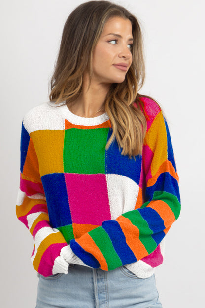 Orange karierter Farbblock-Pullover mit Rundhalsausschnitt und lockerem Schnitt