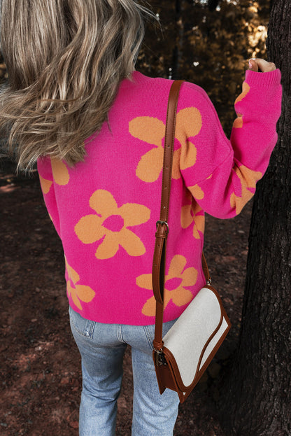Langarmpullover mit Stehkragen und großem Blumenmuster in Rose