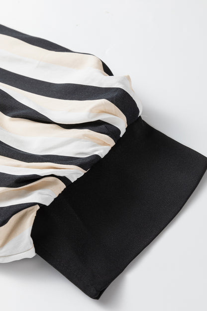 Black Stripe 3/4 Puff Sleeve Shirt Style Button Down Midi Dress