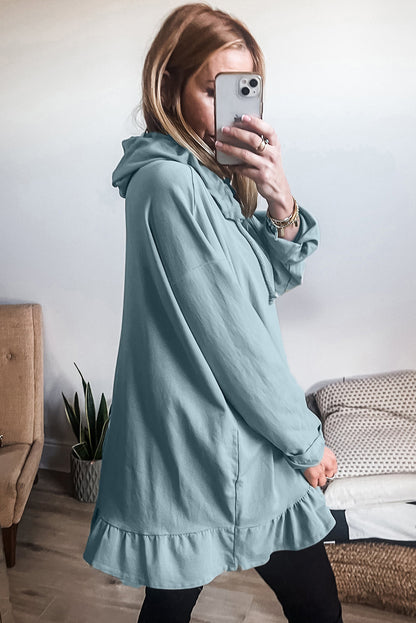 Iceland Blue Solid Tunika-Hoodie mit Rüschensaum und lockerer Passform