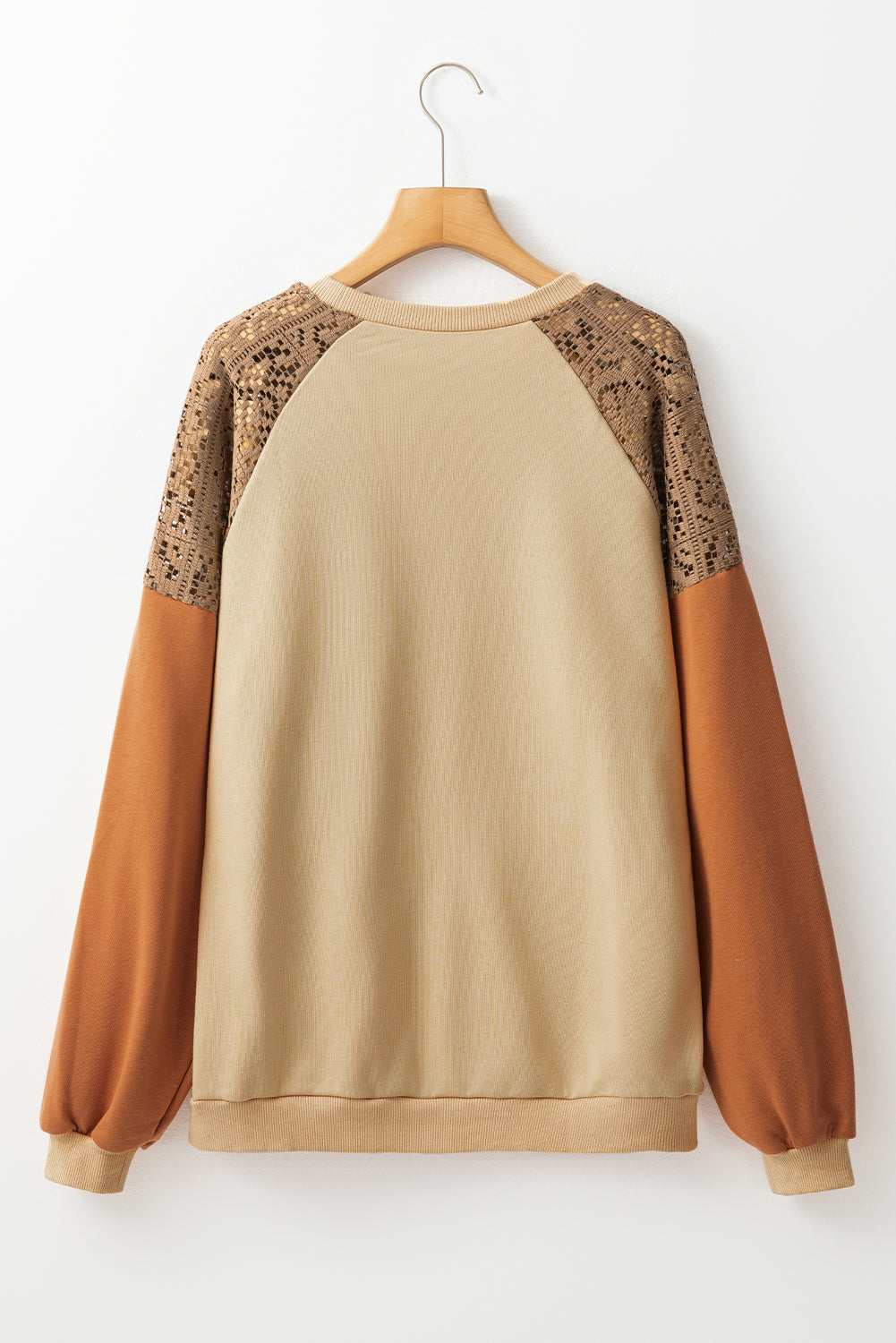 Khakifarbenes Sweatshirt mit Patchwork-Farbblock und überschnittener Schulterpartie aus Spitze