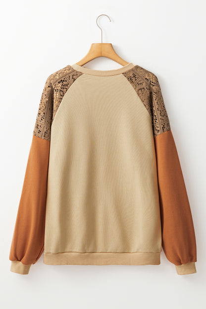 Khakifarbenes Sweatshirt mit Patchwork-Farbblock und überschnittener Schulterpartie aus Spitze