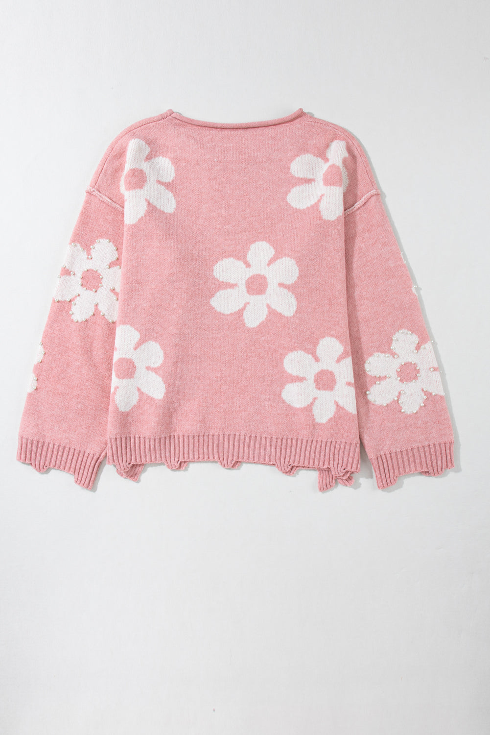 Mehrfarbiger Pullover mit Perlen und Blumenmuster und überschnittener Schulter